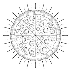 Pizza (pepperoni, onion) - black and white illustration/ drawing
