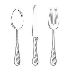Fork, knife, spoon - black and white illustration/ drawing