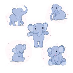Obraz na płótnie Canvas Set of cute cartoon baby elephants. Vector watercolor illustration.