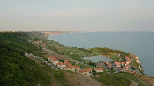 Aerial view of  Black Sea coastline near village of houses in Topola in Bulgaria