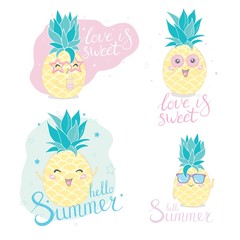 Pineapple cute characters set for summer tropical stickers; patches and pins design. Vector illustration