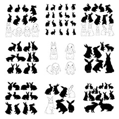 Rabbit and Hare Easter collection - vector silhouette