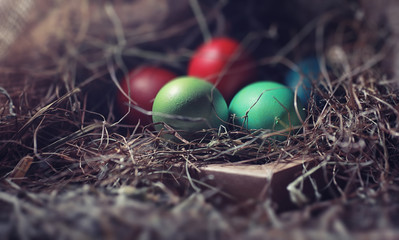 Easter painted eggs on burlap