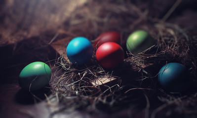 Easter painted eggs on burlap