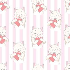 Cats seamless vector pattern with hearts. Cute hand drawn kitten faces. Valentines day.