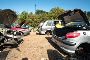 Scrapped cars in a junk yard