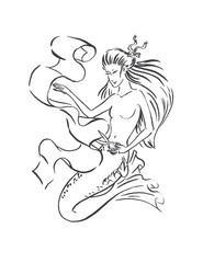 Mermaid tailor cuts fabric with scissors,