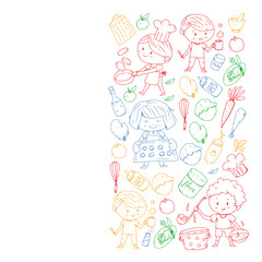 Fototapeta premium Healthy food and cooking. Fruits, vegetables, household. Doodle vector set.