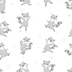 Vector pattern with baby raccoon and hearts . Lovely cute coon pattern. Kids illustration.