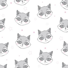 Vector flat style seamless pattern with raccoon. Isolated on white background.