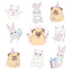 Cartoon cute animals for baby card and invitation. Vector illustration. Lion, dog, bunny, bear, panda, tiger, cat, fox.
