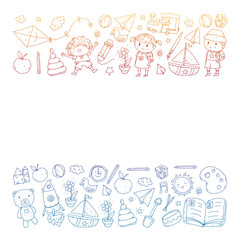 Kindergarten with toys. Pattern for children. Little preschool kids education. Drawing, learning, play