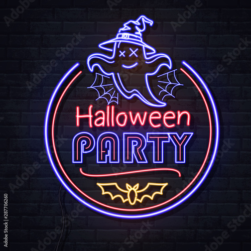 Neon sign halloween party with ghost and spider web. Vintage electric signboard.