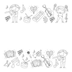 Music background for patterns. Vector illustration with musical instruments.
