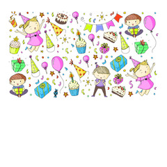 Happy boys and girls. Little kindergarten preschool children. Birthday party celebration. Icons for banners, posters, invitation.