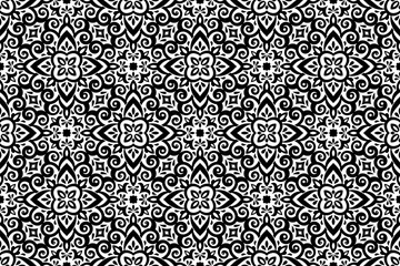 Azulejos ceramic tile design. Talavera tracery motif. Unique creative endless fill swatch. Portuguese, Spanish, Mexican, Brazilian folklore ornament. Ethnic style vector hand drawn seamless pattern.