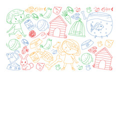 Pet shop. Vector illustration with animals, dog, cat, fish, Colorful background with kitten, bird, puppy. Veterinarian clinic.