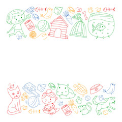 Pet shop. Vector illustration with animals, dog, cat, fish, Colorful background with kitten, bird, puppy. Veterinarian clinic.