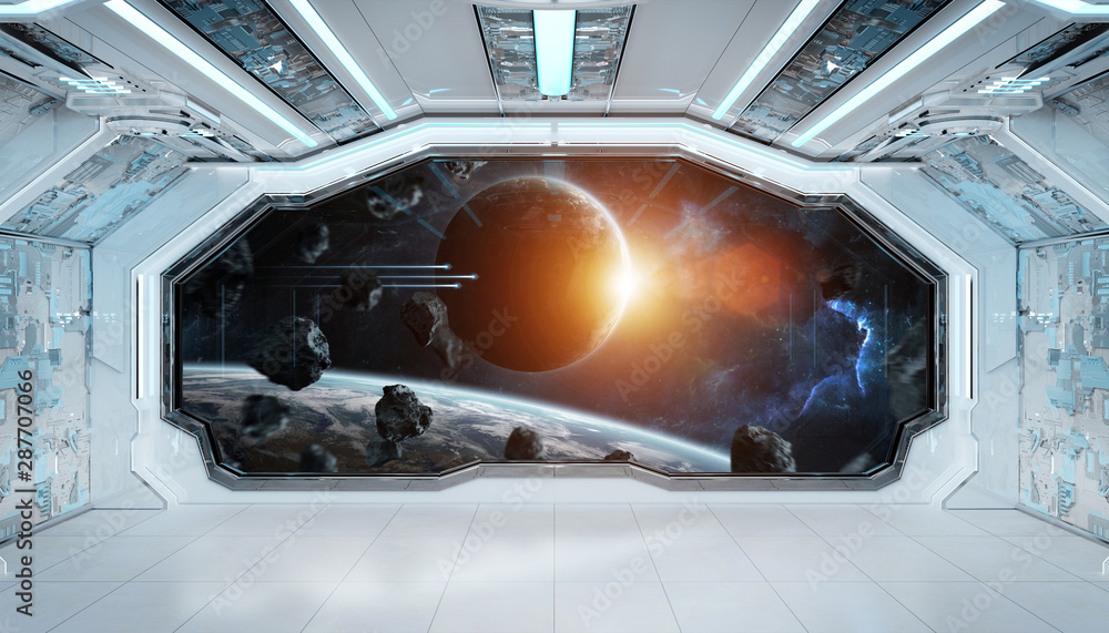 Poster White blue spaceship futuristic interior with window view on space and planets 3d rendering