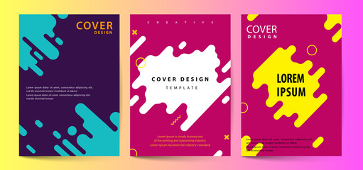 Vector printed cover template with abstract colorful shapes. Trendy neon color lines and hexagons in a modern material design style. Geometric lines on a dark background.