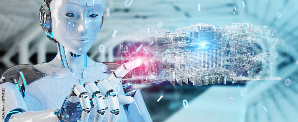 Aufkleber cyborg using wireframe holographic 3d digital projection of an engine