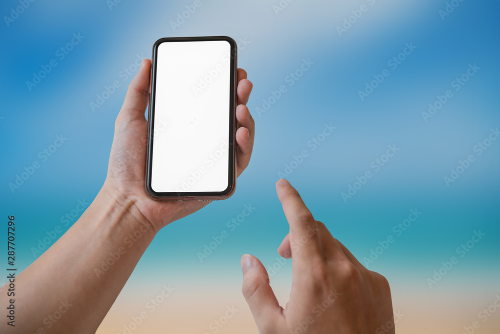 Aufkleber man using smartphone on blur background. blank screen smartphone for graphic display montage.