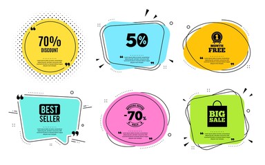 70% Discount. Best seller, quote text. Sale offer price sign. Special offer symbol. Quotation bubble. Banner badge, texting quote boxes. Discount text. Coupon offer. Vector
