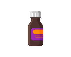 Medical brown flat glass bottle. Medicine pharmaceutical flask with empty sticker. Medication treatment health care vector illustration