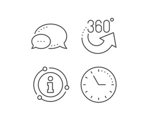 360 degrees line icon. Chat bubble, info sign elements. VR simulation sign. Panoramic view symbol. Linear 360 degrees outline icon. Information bubble. Vector