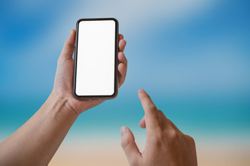 Man using smartphone on blur background. Blank screen smartphone for Graphic display montage.