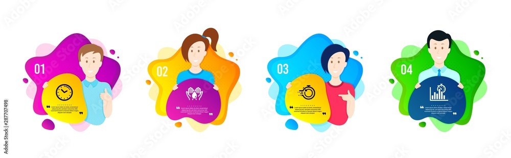 Poster time, fast recovery and safe water icons simple set. people shapes timeline. report timer sign. cloc