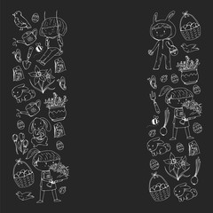 Vector pattern with easter and spring elements. Eggs in basket, bunny, flowers, birds