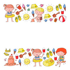 Naklejka premium Children summer vacation. Holidays with little kids. Sea, beach and ocean