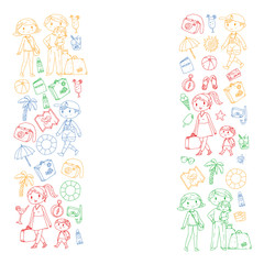 Vector pattern with travel and beach icons. Parents with little kids. Children summer vacation.
