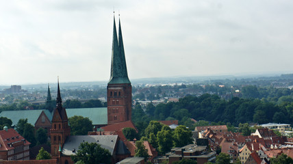 Top view of church in old town, beautiful architecture, Lubeck, Germany