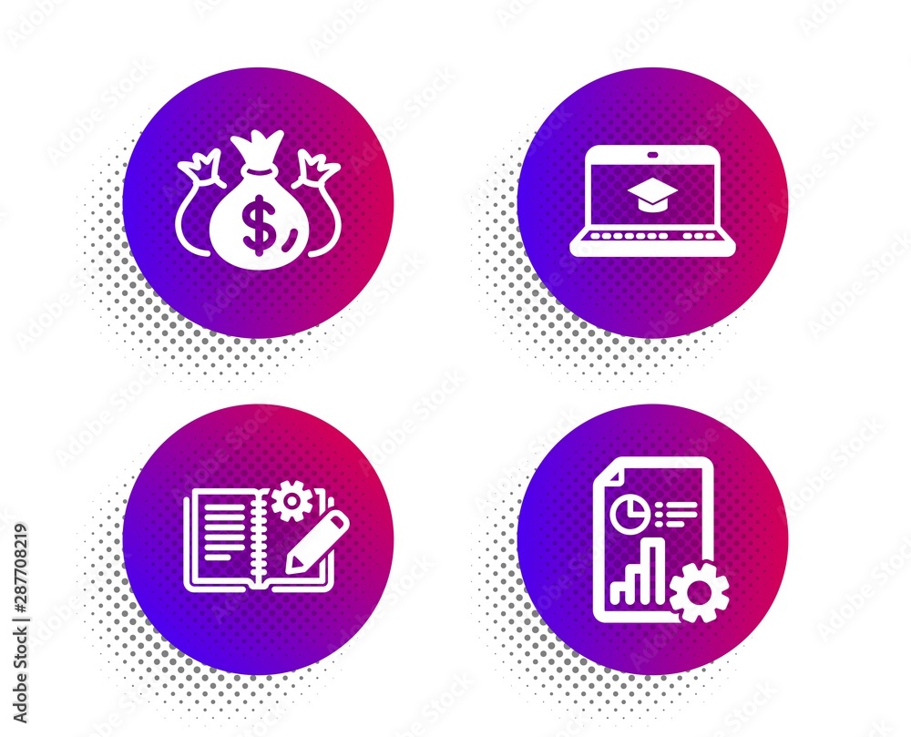 Poster check investment, engineering documentation and website education icons simple set. halftone dots bu