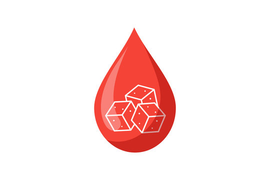 Blood drop with sugar pieces inside. Testing blood glucose concept. Diabetes world day. Vector illustration