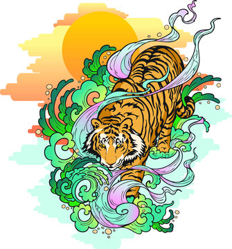 tiger walk in the sea with spread water and sunset background Artwork vector design with illustration Japaneses tattoo paint  concept for print or make pattern 