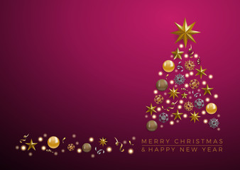 Vector Abstract cover Golden Christmas Tree, with text on purple background