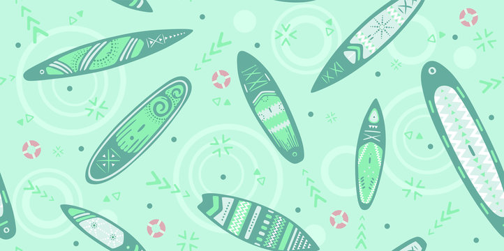 Stand Up Paddle Boarding SUP surfing elements cute seamless pattern vector illustration with supboard, lifebuoy, waves in scandinavian style design on a azure background.