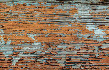 Painted wooden texture background. Old wood texture with blue, orange and brown. Different small fractures of paint. Peeling paint. Horizontal lines on the board. Background for text or design