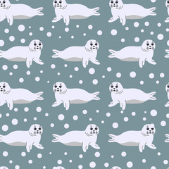 Seamless pattern with seal pups and snowflakes. Vector illustration of lying seal animal in a flat style. Design element for textile print, wallpaper, wrapping paper, web background.
