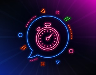 Timer line icon. Neon laser lights. Stopwatch symbol. Time management sign. Glow laser speech bubble. Neon lights chat bubble. Banner badge with timer icon. Vector
