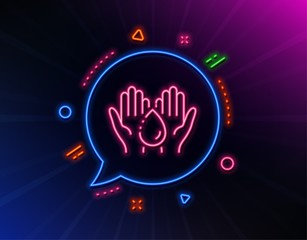 Moisturizing oil line icon. Neon laser lights. Skin care sign. Wash hands symbol. Glow laser speech bubble. Neon lights chat bubble. Banner badge with wash hands icon. Vector