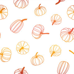 Beautiful pumpkin halloween thanksgiving seamless pattern, cute cartoon pumpkins hand drawn background, great for seasonal textile prints, holiday banners, backdrops or wallpapers - vector surface