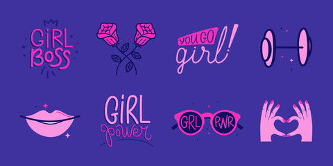 Vector set of stickers and badges in simple style with hand-lettering phrases girl power, you go girl, girl boss  - stylish print for poster or t-shirt