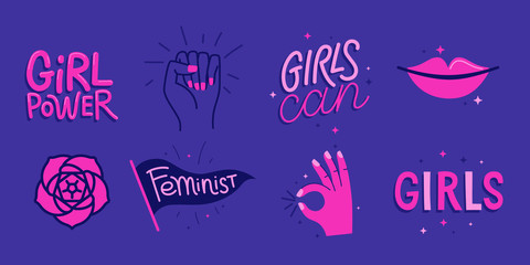 Vector set of stickers and badges in simple style with hand-lettering phrases girl power, girls can