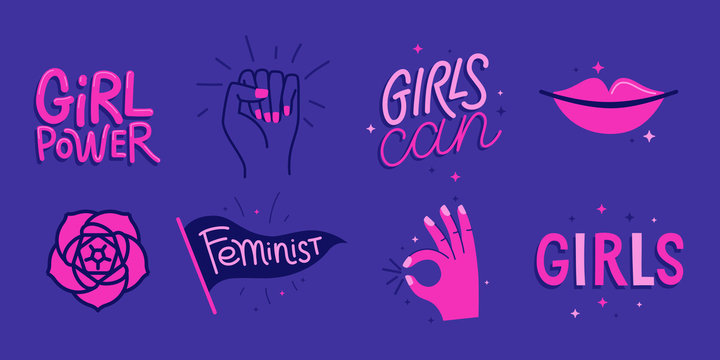 Vector Set Of Stickers And Badges In Simple Style With Hand-lettering Phrases Girl Power, Girls Can