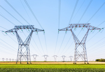 Front view of two electricity pylons in the french countryside with dozens of other pylons in the distance under a clear blue sky.
