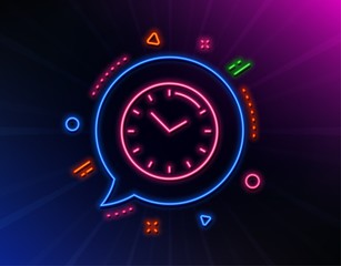 Time management line icon. Neon laser lights. Clock sign. Watch symbol. Glow laser speech bubble. Neon lights chat bubble. Banner badge with time icon. Vector
